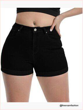 High Waisted Stretchy Denim Shorts Folded Hem Jean Shorts